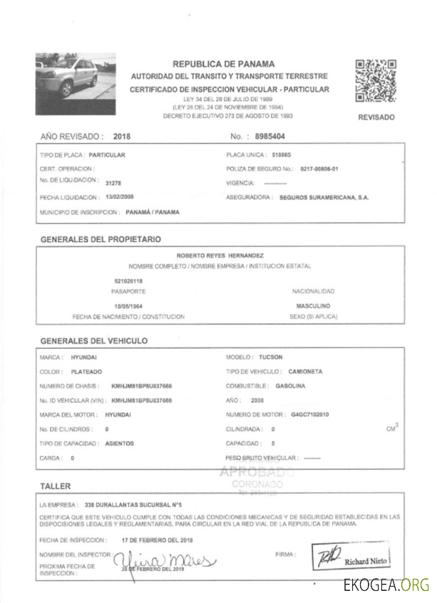 Certificat d'immatriculation du véhicule au Panama